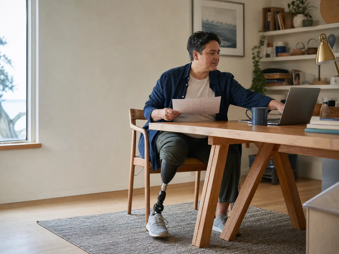 An adult with a lower-limb prosthesis reviewing a work schedule at a warm home desk