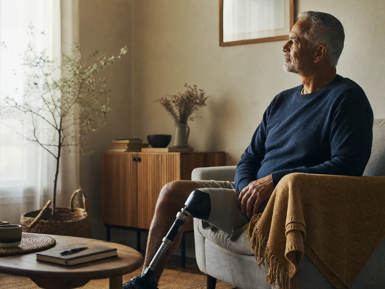 An adult seated near a sunlit window with a lower-limb prosthesis nearby