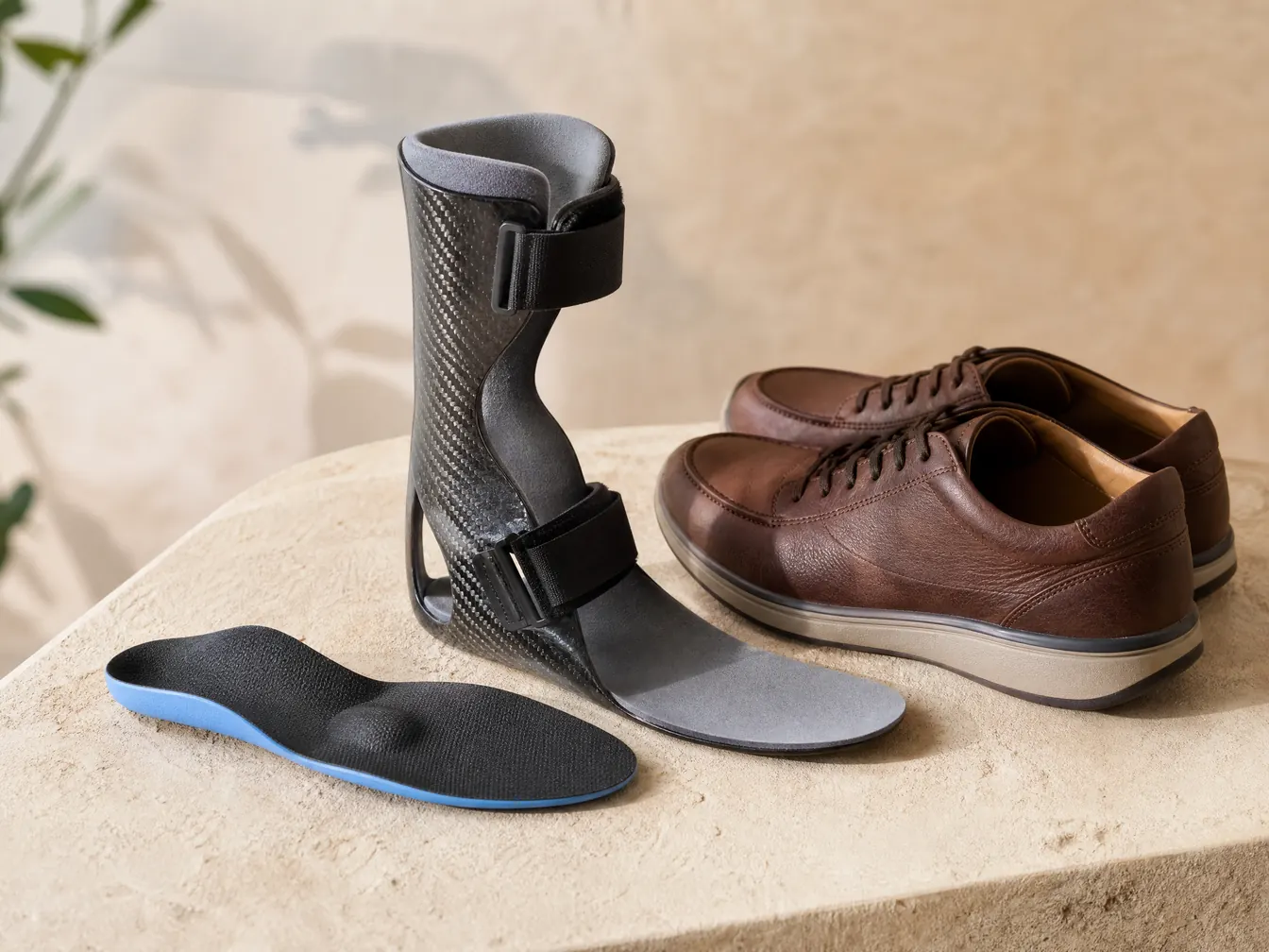 An ankle-foot orthosis and walking shoes arranged on a wood bench